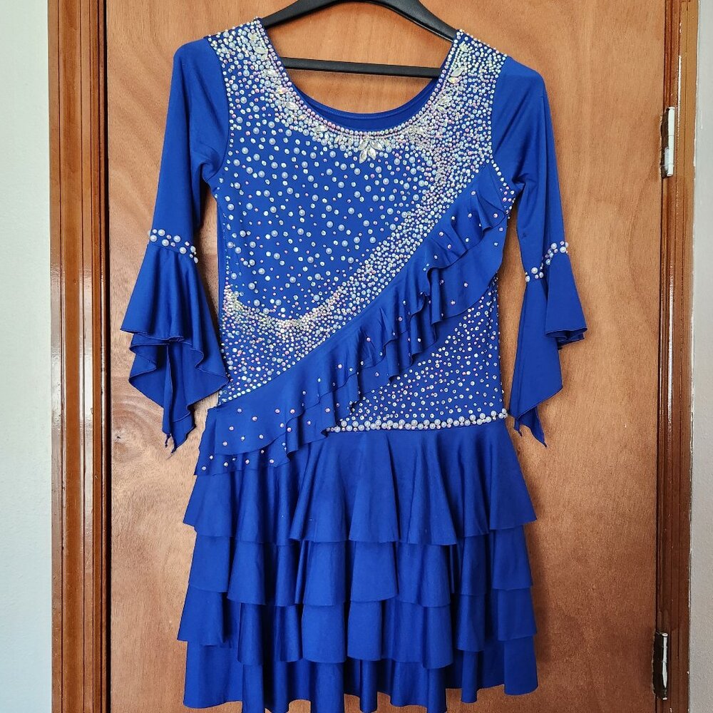 Latin Ballroom dance bright blue mini dress size XL